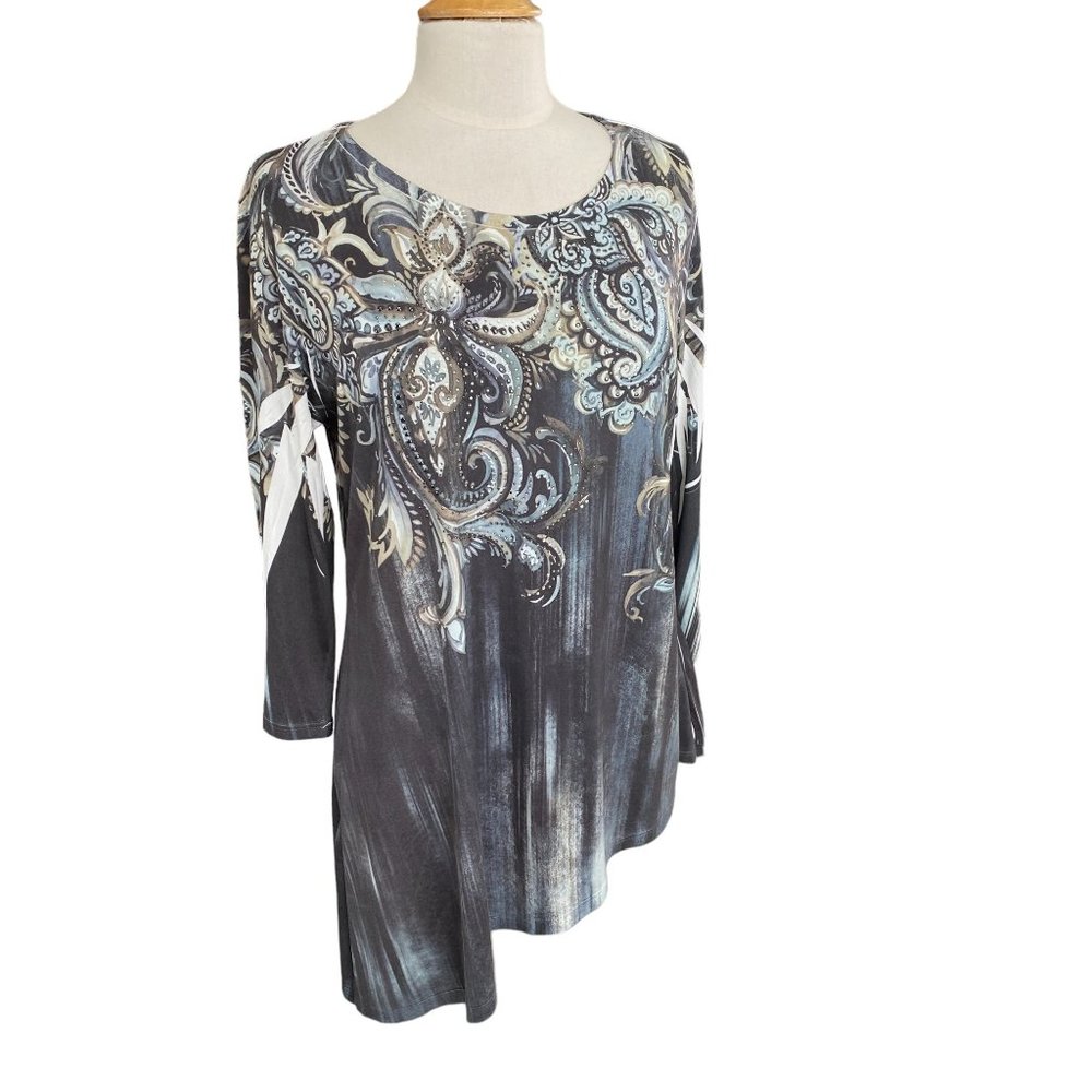 Jess & Jane Paisley Embellished Gemmed Asymmetrical hem Artsy Boho Tunic Top-M